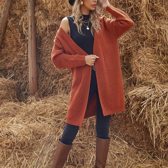 Burnt Orange Boho Womens Drop Shoulder Duster Cardigan - Picture 2 of 8